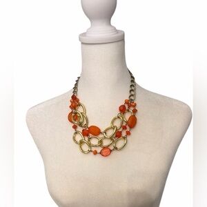 #692 Charming  Charlies Boho Gold Link Statement Necklace - Orange Beads Layered